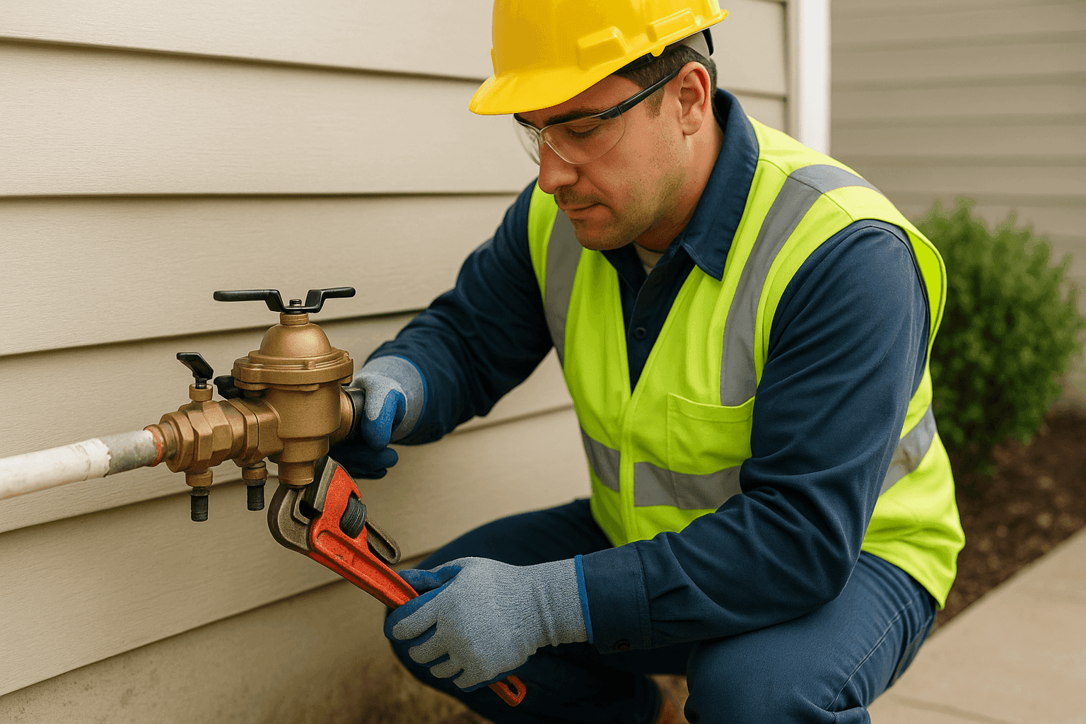 Technician installing backflow prevention device on home water line