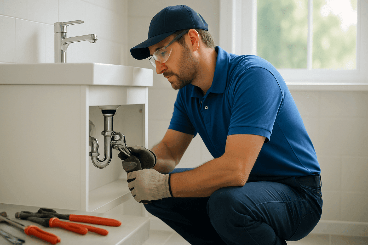 Plumber repairing bathroom sink drain
