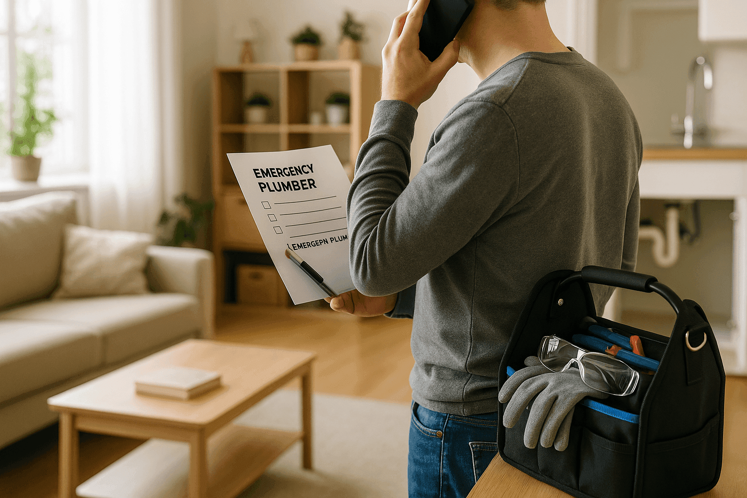 Homeowner calling emergency plumber with checklist in hand