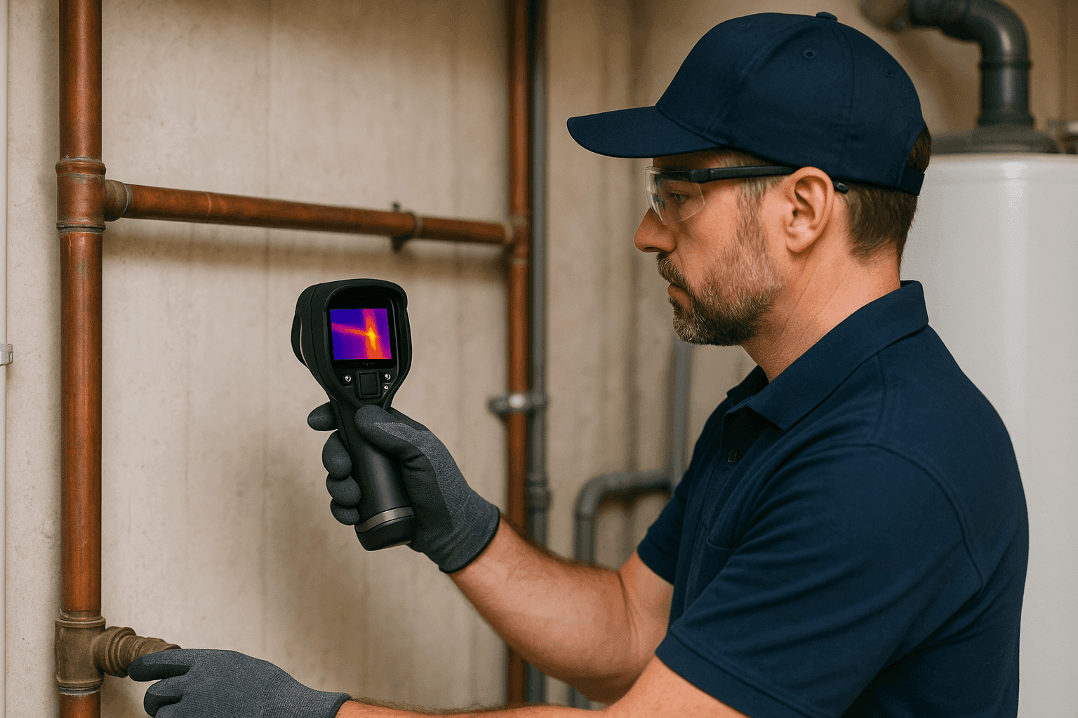 Plumber using thermal leak detection device on water pipe
