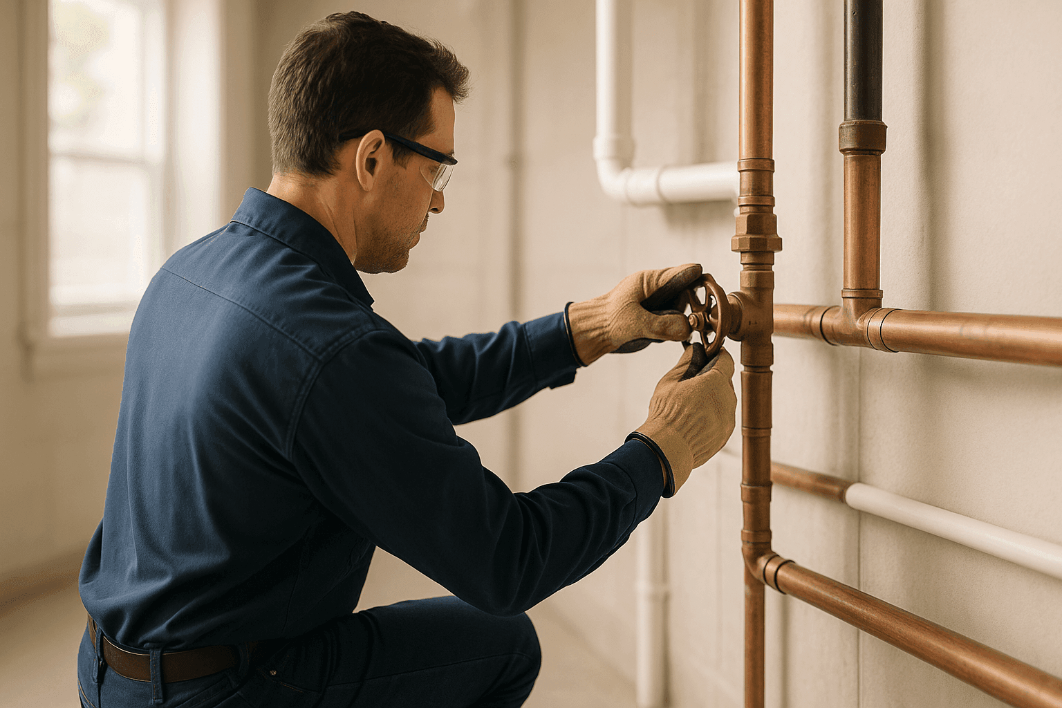 Technician shutting off main water valve in a basement