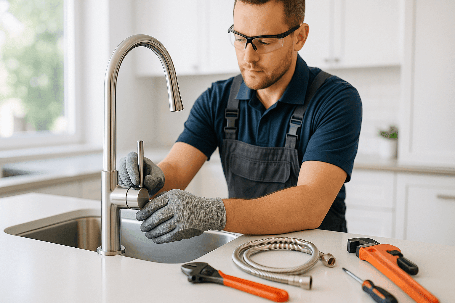 New kitchen faucet being installed by technician