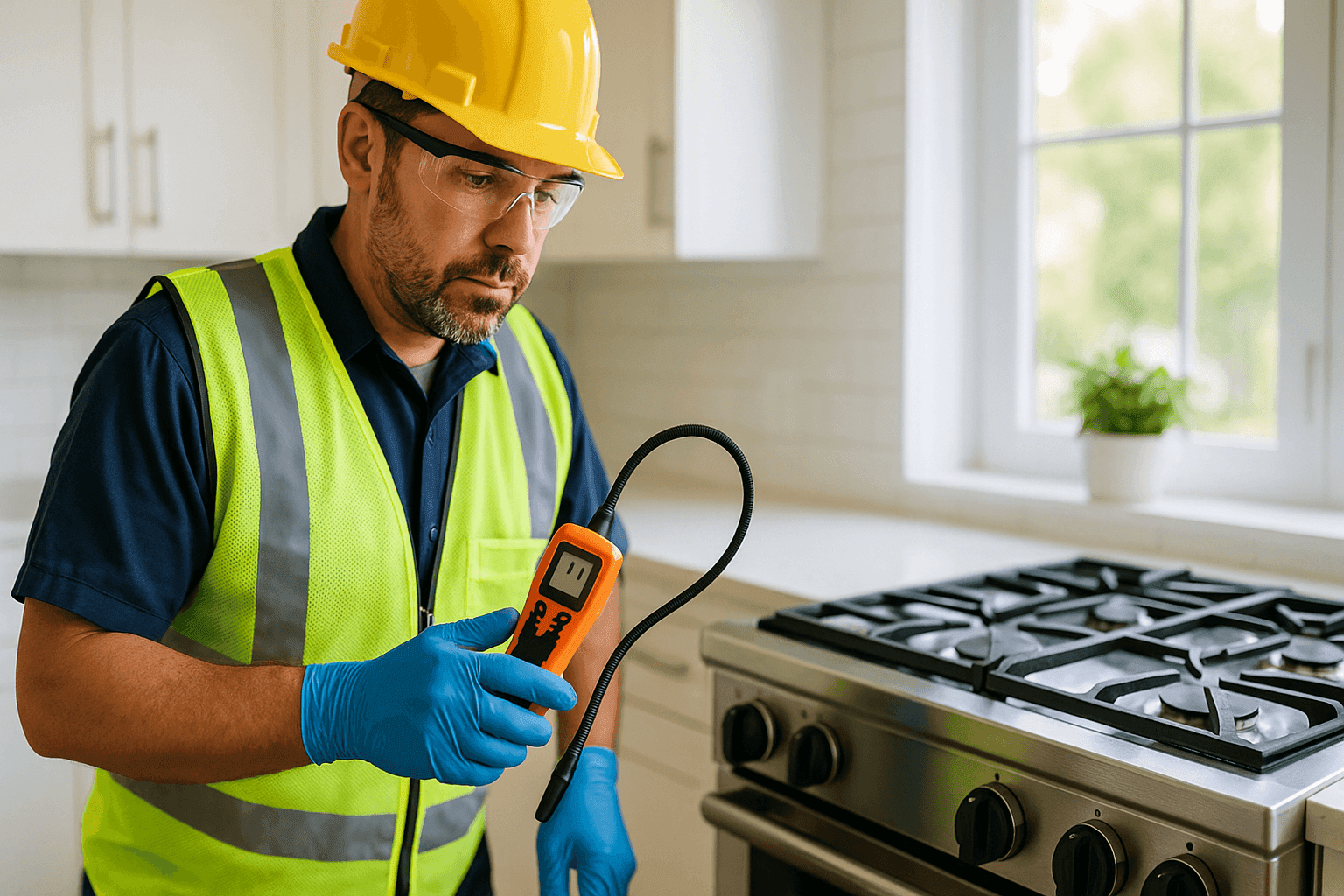Technician performing gas safety check on home appliance