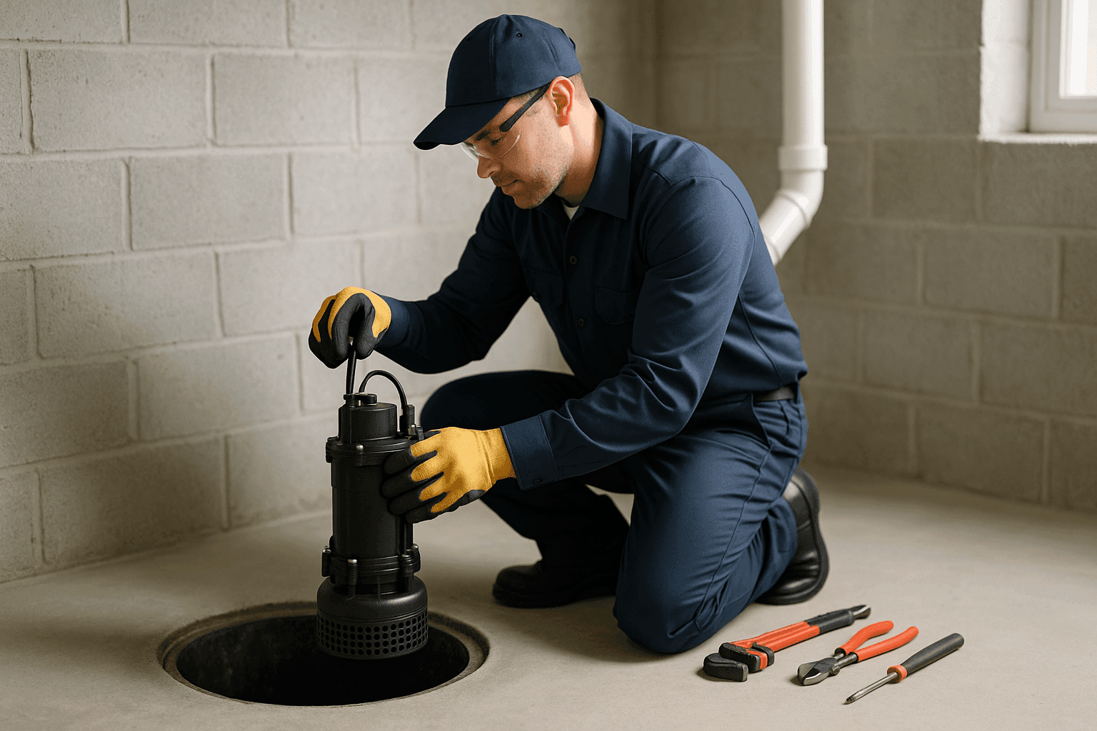 Plumber installing sump pump in basement pit