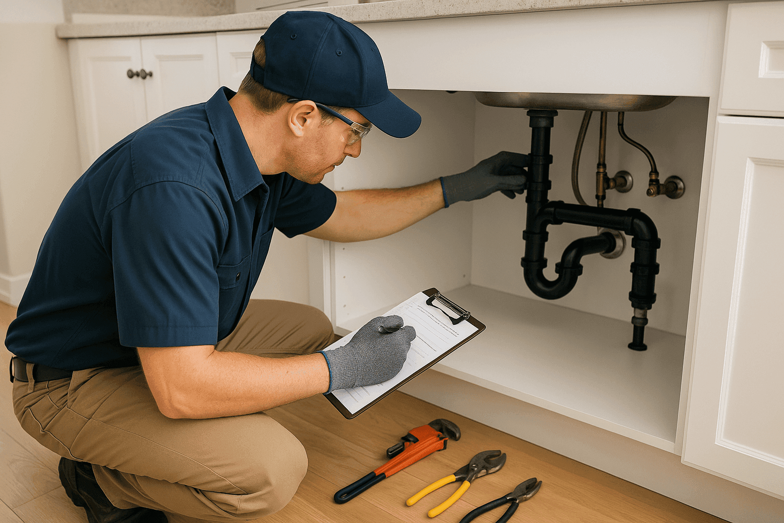 Plumber performing home plumbing maintenance under kitchen sink