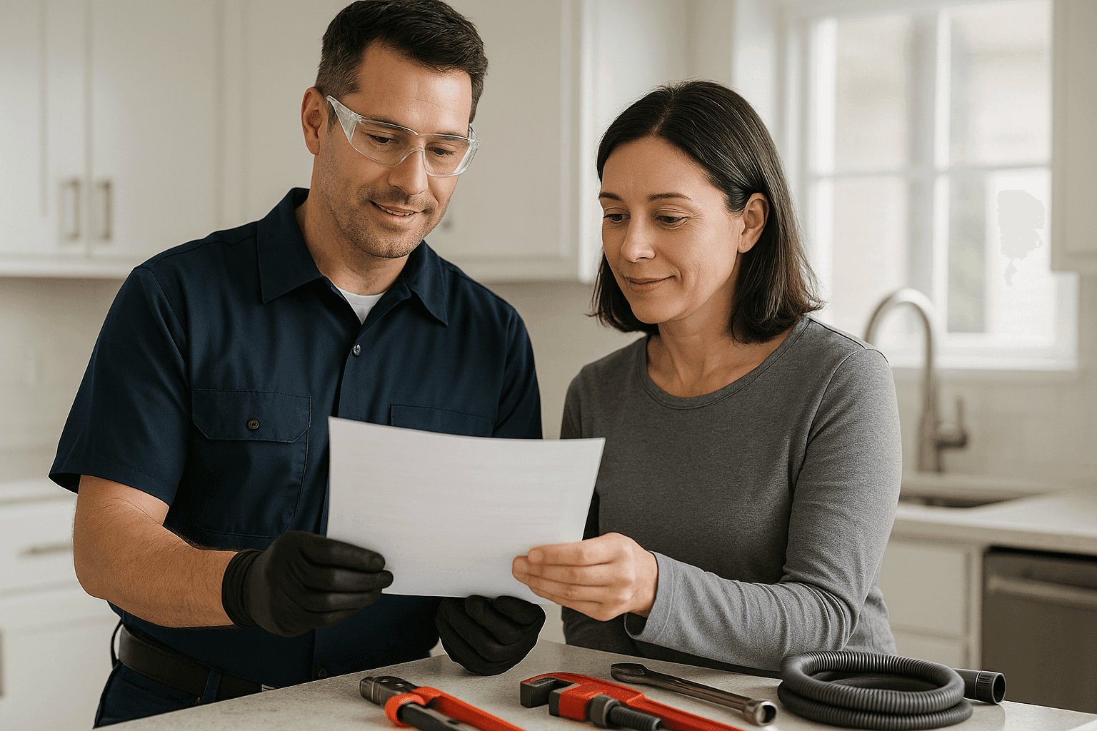 Plumber showing repair estimate to a homeowner