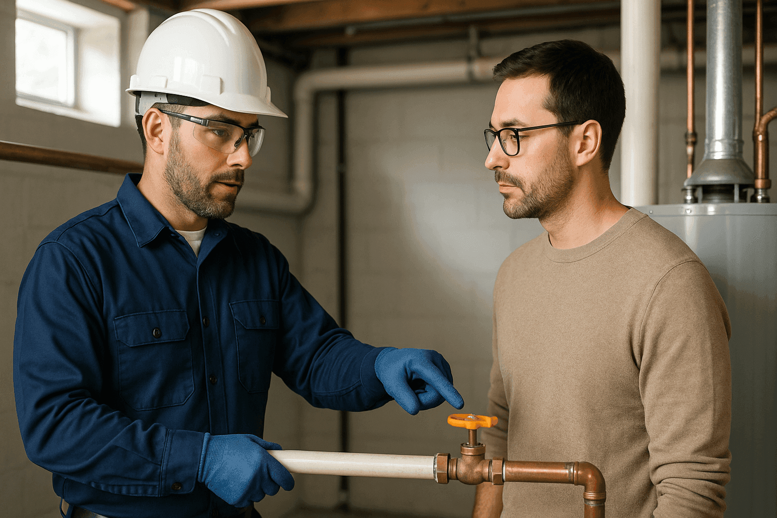 New homeowner learning about main water shutoff from plumber