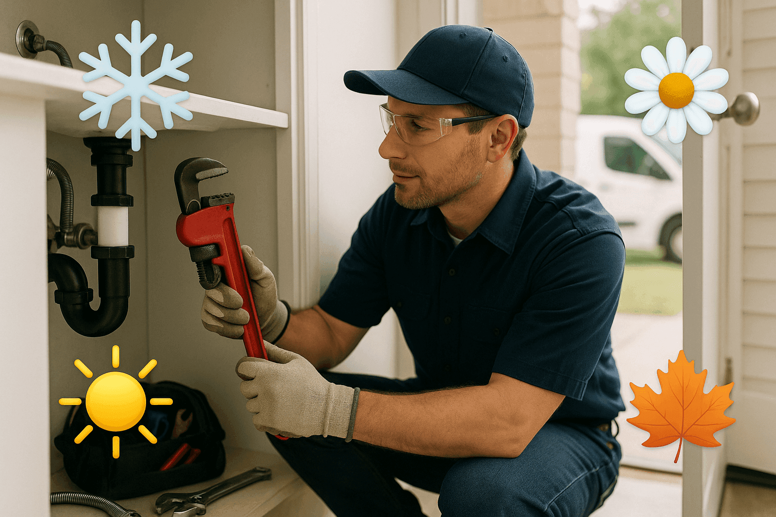Plomero realizando mantenimiento de plomería con íconos estacionales alrededor que representan cuidado durante todo el año