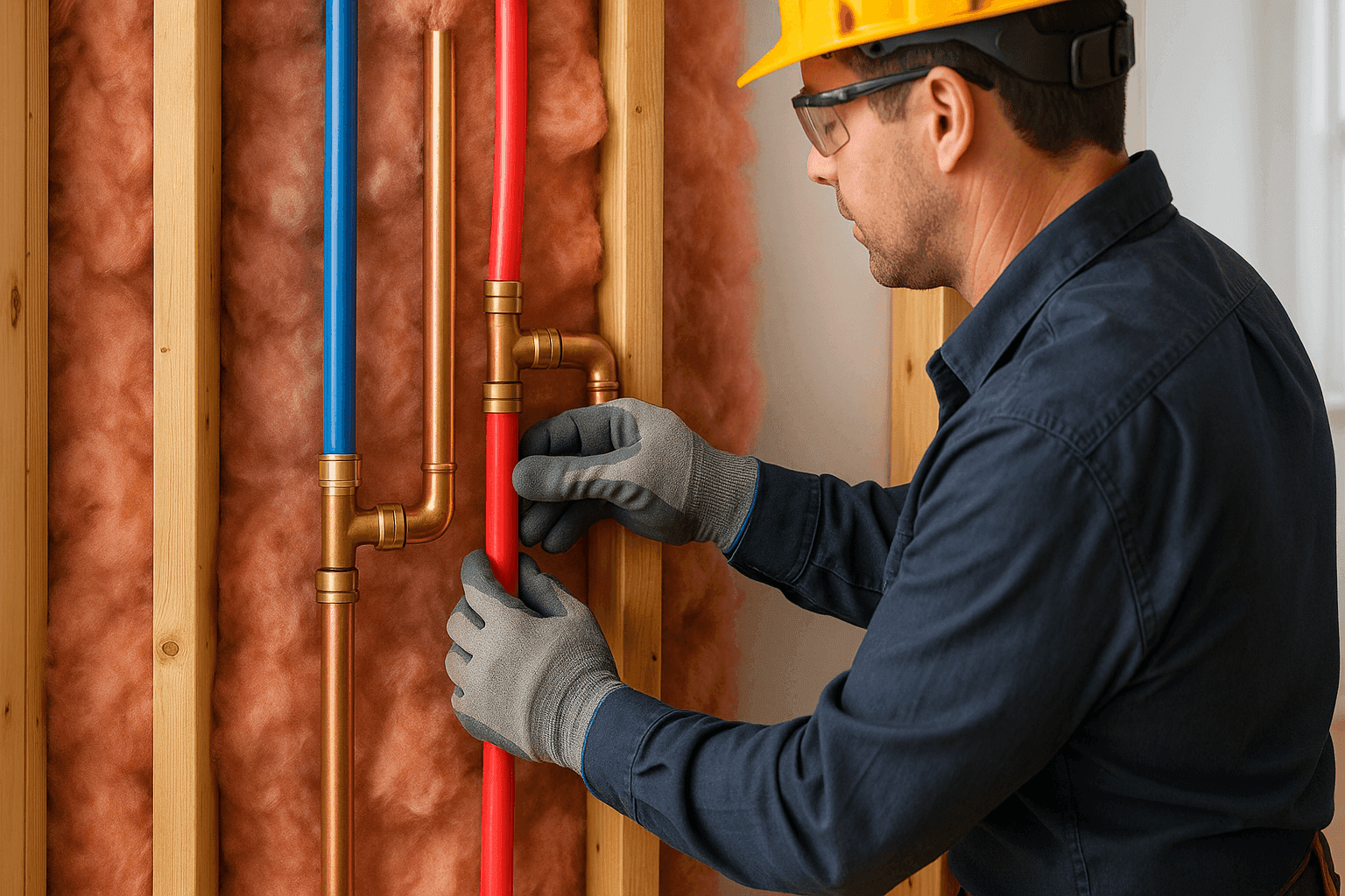 Technician replacing pipes in home wall cavity