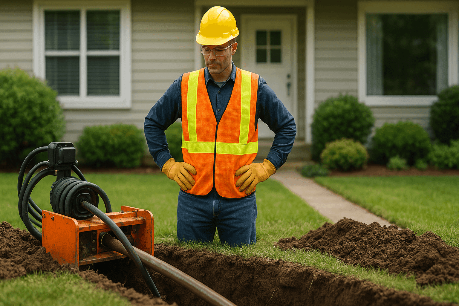 Technician overseeing trenchless sewer line installation outdoors