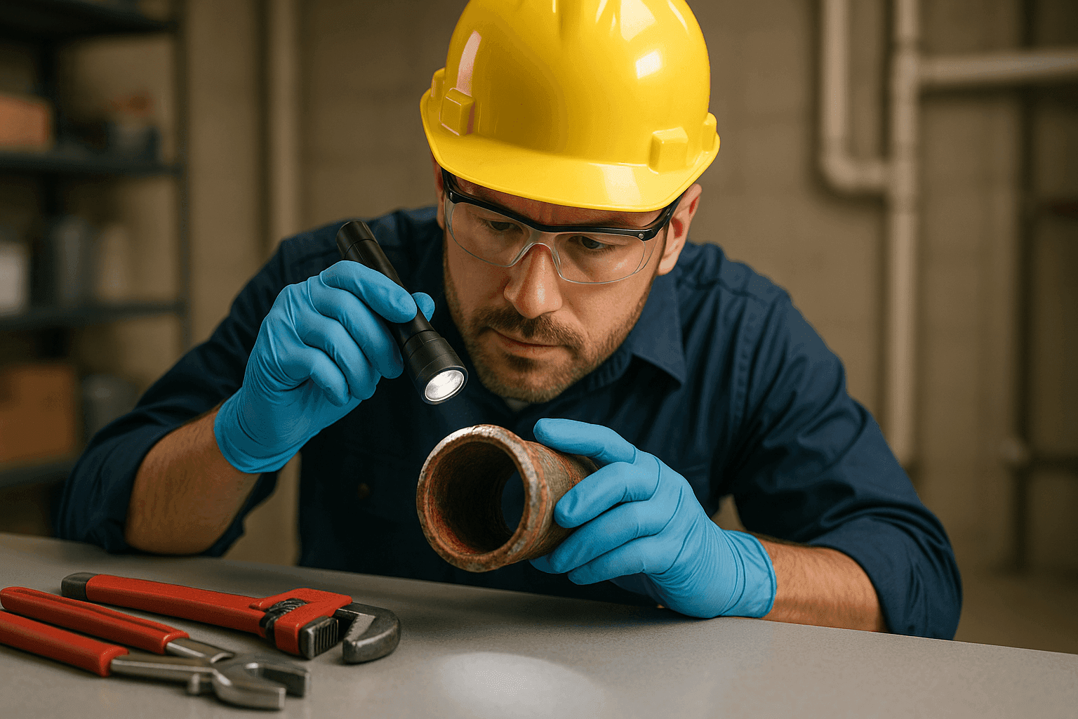 Corroded pipe section being inspected by plumber