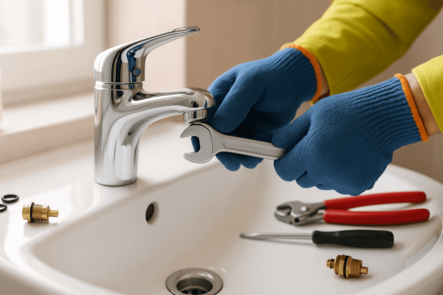 Fixing a leaking bathroom faucet with wrench