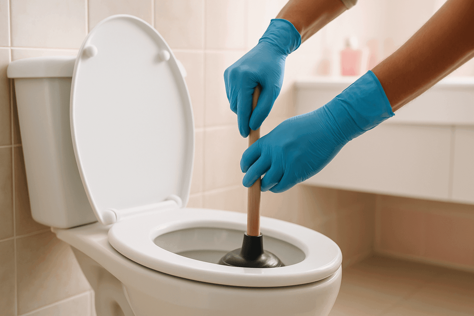 Manos con guantes usando un desatascador en un inodoro doméstico