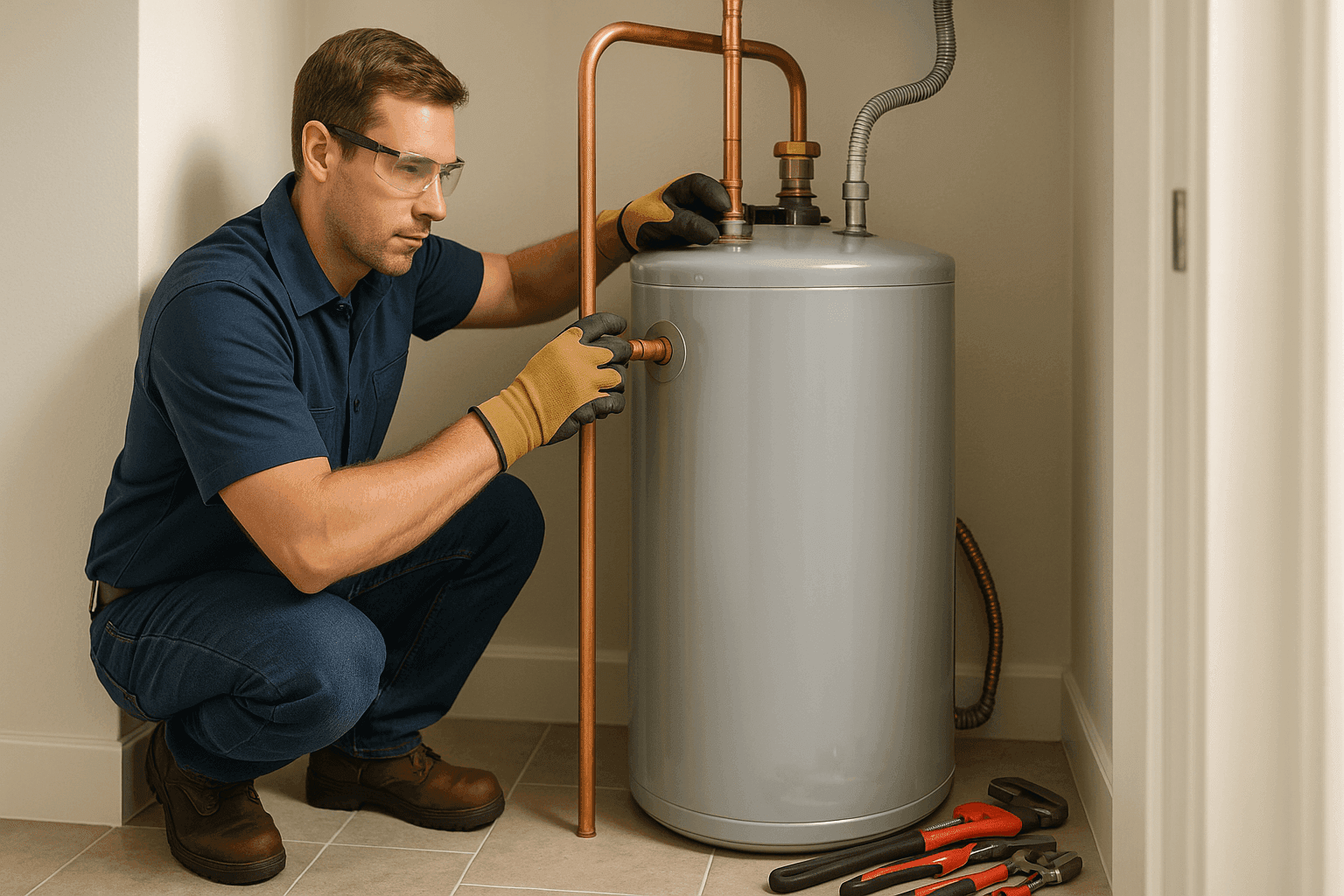 Technician installing new water heater in utility closet