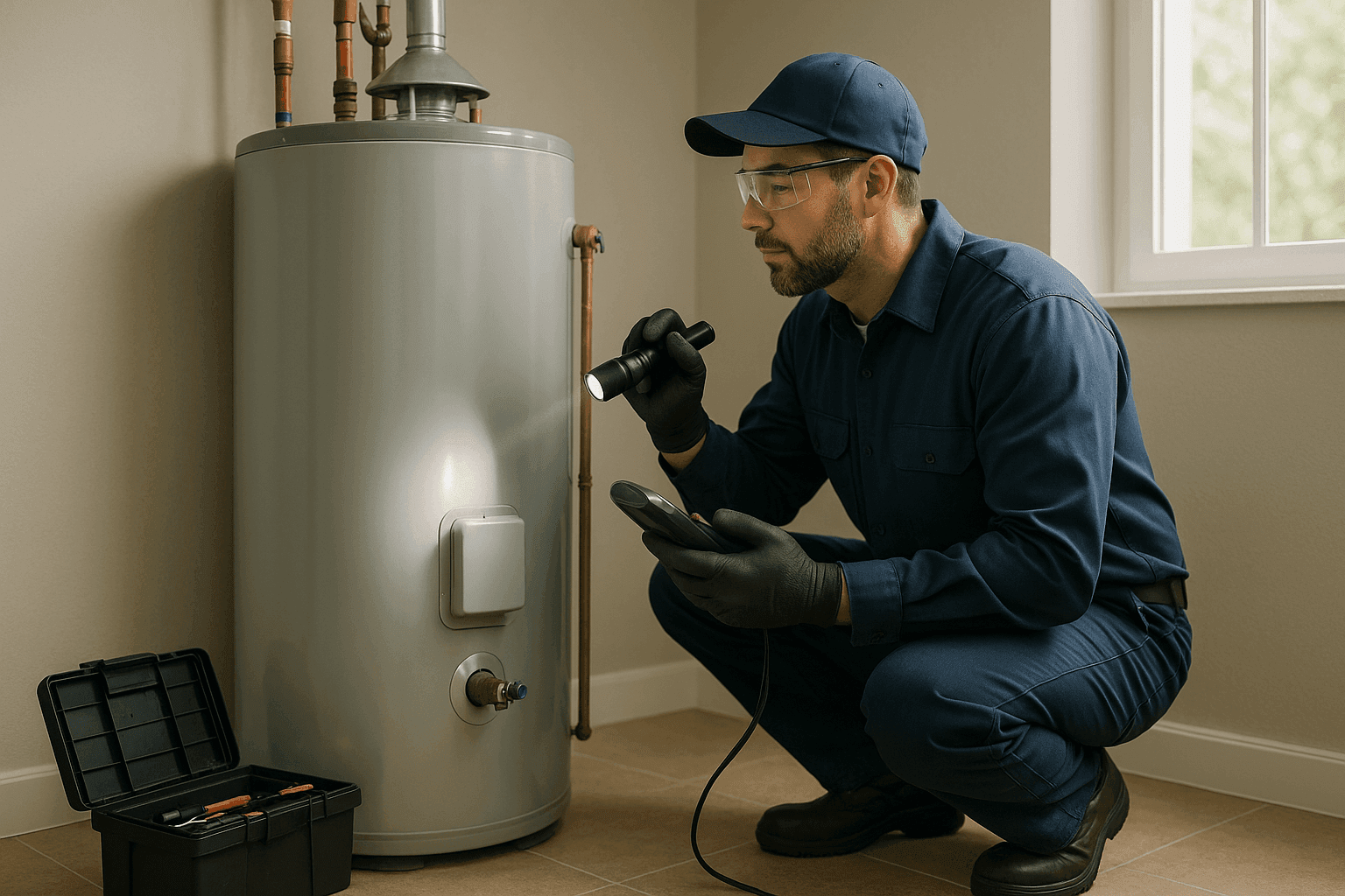 Plumber inspecting residential water heater unit