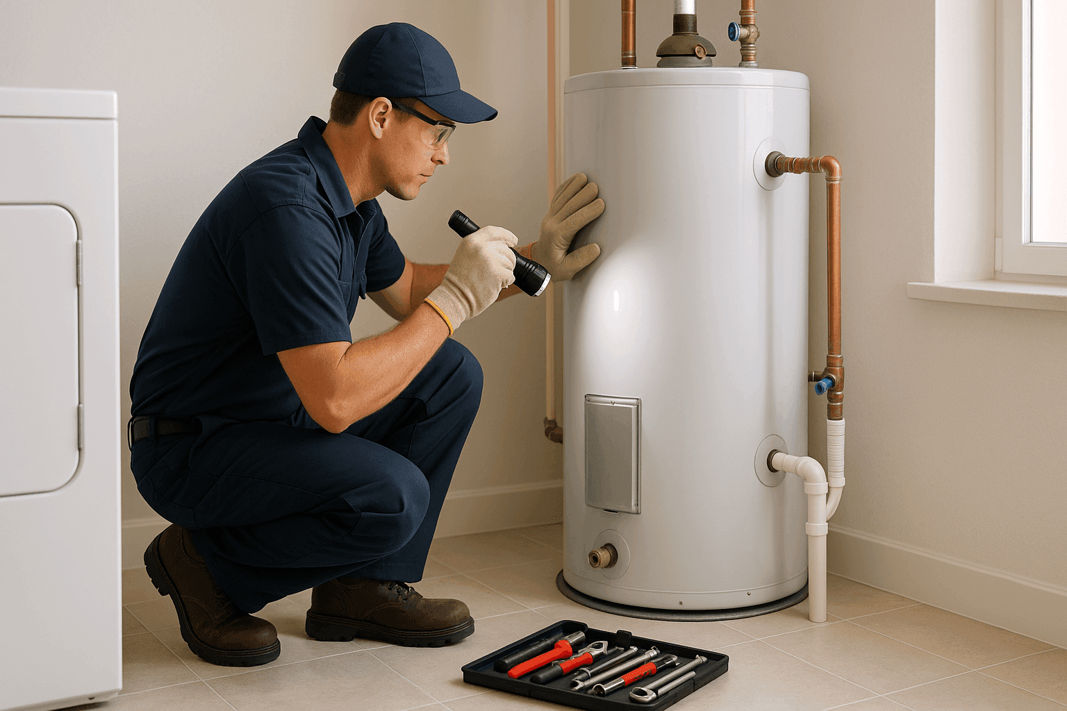 Technician inspecting residential water heater for repair